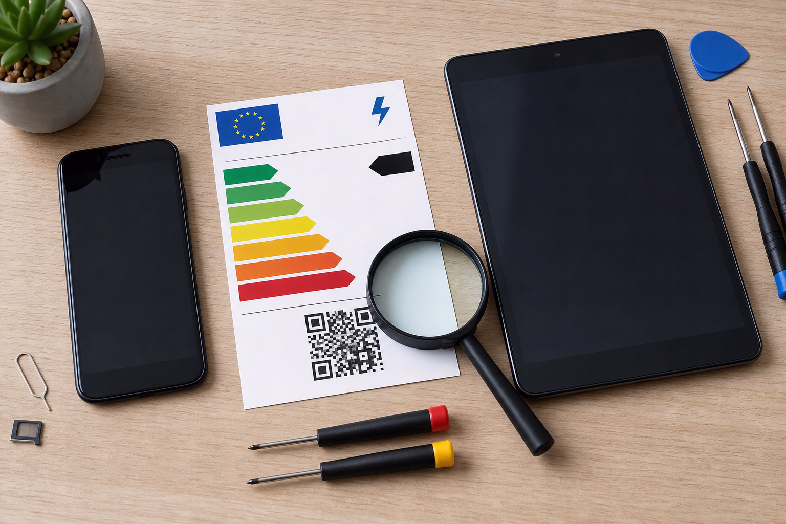 Etiqueta energética europea de un móvil y una tablet con información sobre batería, reparabilidad y resistencia