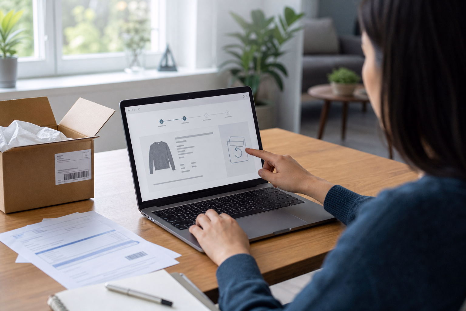 Persona ejerciendo el derecho de desistimiento de una compra online desde un portátil