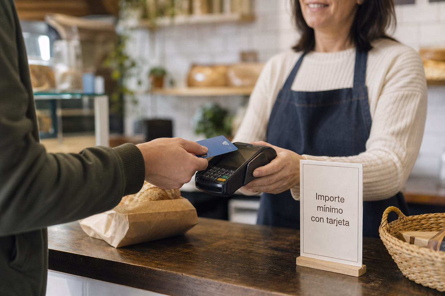 Pago con tarjeta en un comercio y cartel de importe mínimo