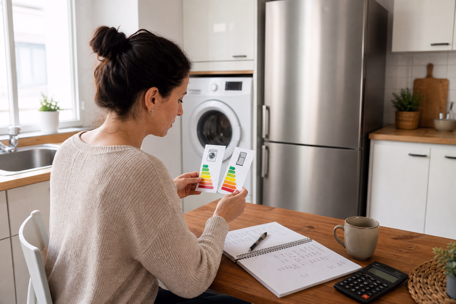 Persona comparando la etiqueta energética y el consumo de varios electrodomésticos antes de comprar
